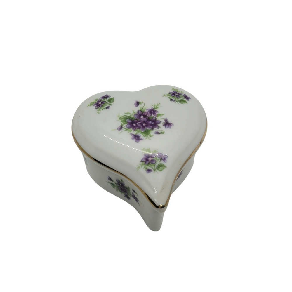 Lefton China Heart Trinket Box Purple‎ Violets Gold Trim Vintage 1946 Japan